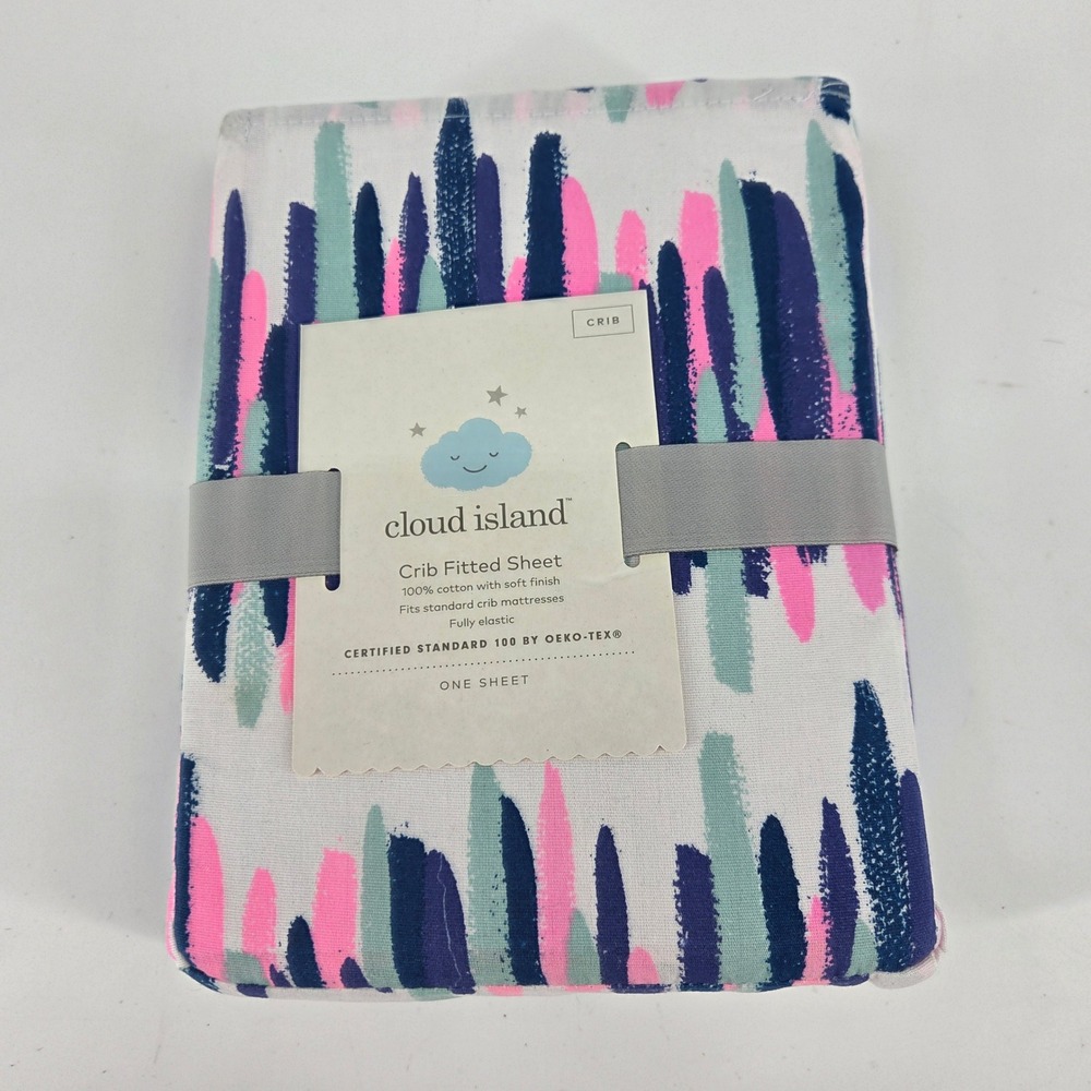 Cloud Island Crib Fitted Sheet 100% Cotton Brushstrokes Pink Teal Navy 28x52 NEW